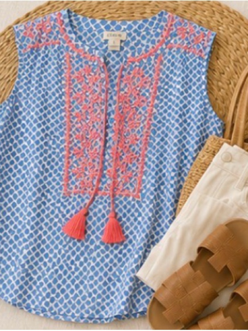 J.Crew Embroidered Tassel Top 4 Coastal Preppy Resort Boho Cotton - Picture 3 of 9